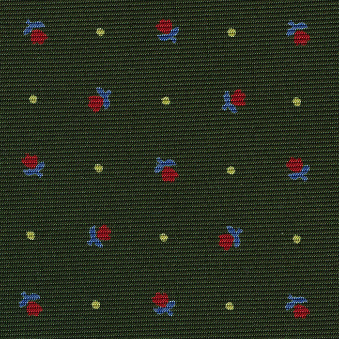 {[en]:Red, Sky Blue & Off-White on Dark Green Macclesfield Print Silk Tie