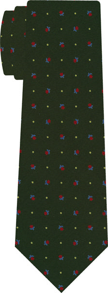{[en]:Red, Sky Blue & Off-White on Dark Green Macclesfield Print Silk Tie