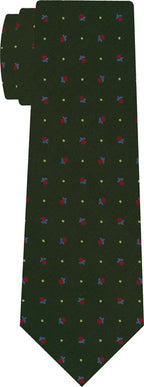 {[en]:Red, Sky Blue & Off-White on Dark Green Macclesfield Print Silk Tie