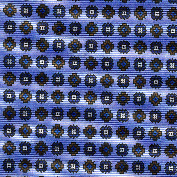 {[en]:Navy Blue, Blue, Chocolate & White on Sky Blue Macclesfield Print Silk Tie