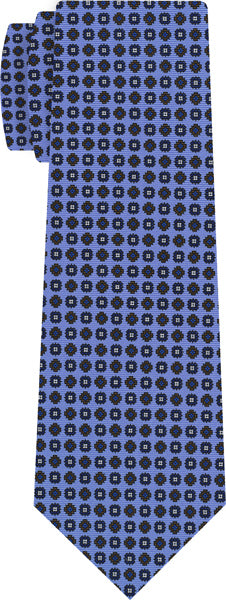 {[en]:Navy Blue, Blue, Chocolate & White on Sky Blue Macclesfield Print Silk Tie