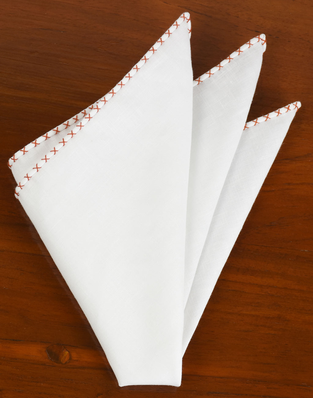 {[en]:Burnt Orange X Pattern Belgian White Linen Pocket Square
