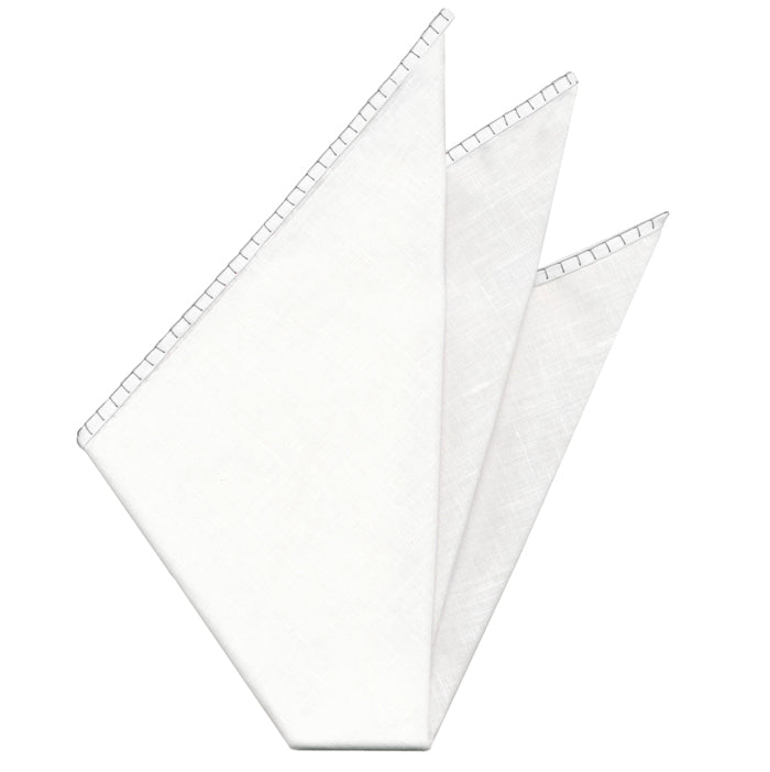 Belgian White Linen Pocket Squares with Silver Hand Sewn Decorative Flat Edges