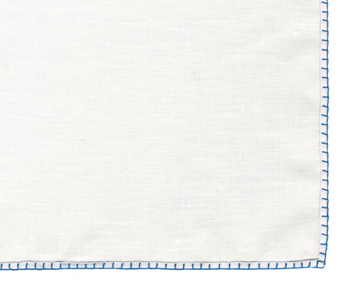 Belgian White Linen Pocket Squares with  Sky Blue Hand Sewn Decorative Flat Edges