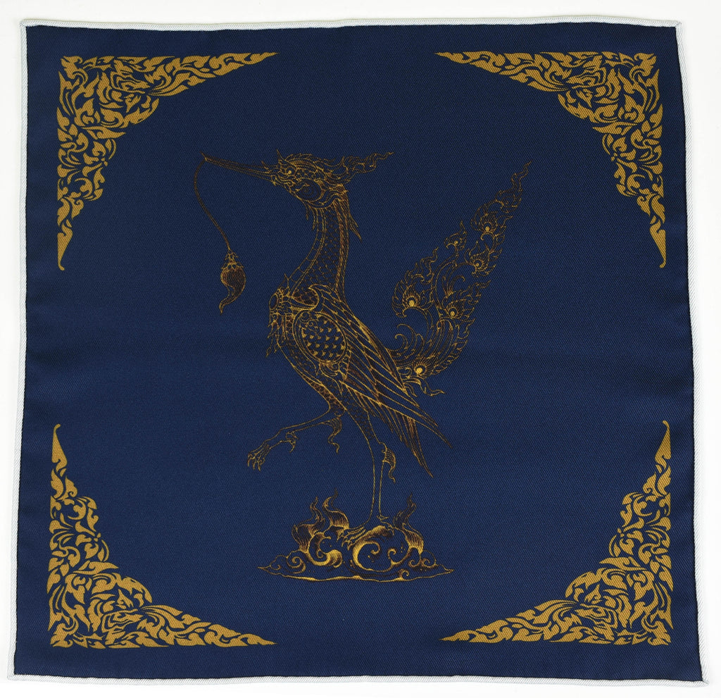 {[en]:Gold on Navy Traditional Thai Print Silk Pocket Square
