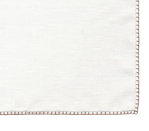 Belgian White Linen Pocket Squares with Brown Hand Sewn Decorative Flat Edges