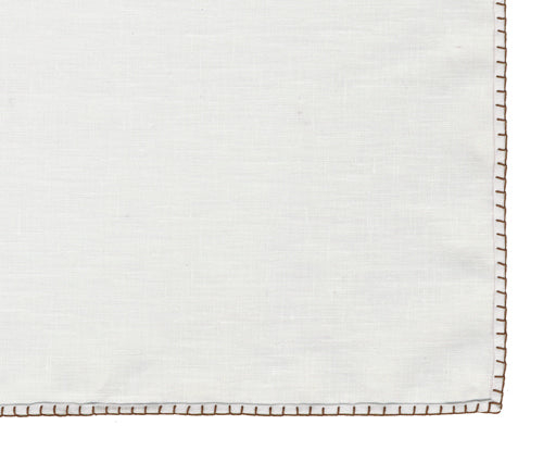 Belgian White Linen Pocket Squares with Reddish Brown Hand Sewn Decorative Flat Edges