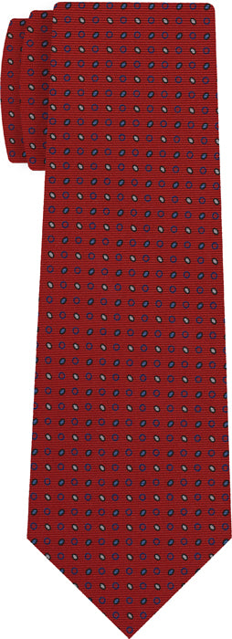 {[en]:Sky Blue, Whit & Black on Red Macclesfield Print Silk Tie