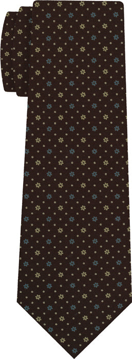{[en]:Sky Blue, White & Light Yellow on Dark Chocolate Macclesfield Print Silk Tie