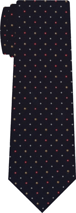 {[en]:Red, White & Burnt Orange on Midnight Blue Macclesfield Print Silk Tie