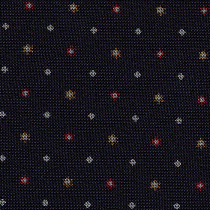 {[en]:Red, White & Burnt Orange on Midnight Blue Macclesfield Print Silk Tie