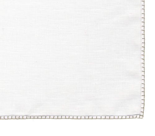 Belgian White Linen Pocket Squares with Brown/Silver Hand Sewn Decorative Flat Edges