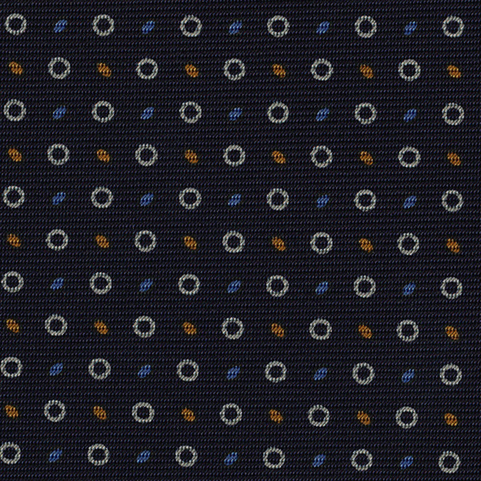 {[en]:Sky Blue, Burnt Orange & White on Midnight Blue Macclesfield Print Silk Tie