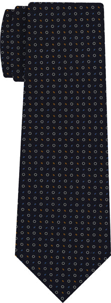 Sky Blue, Burnt Orange & White on Midnight Blue Macclesfield Print Silk Tie MCT-342