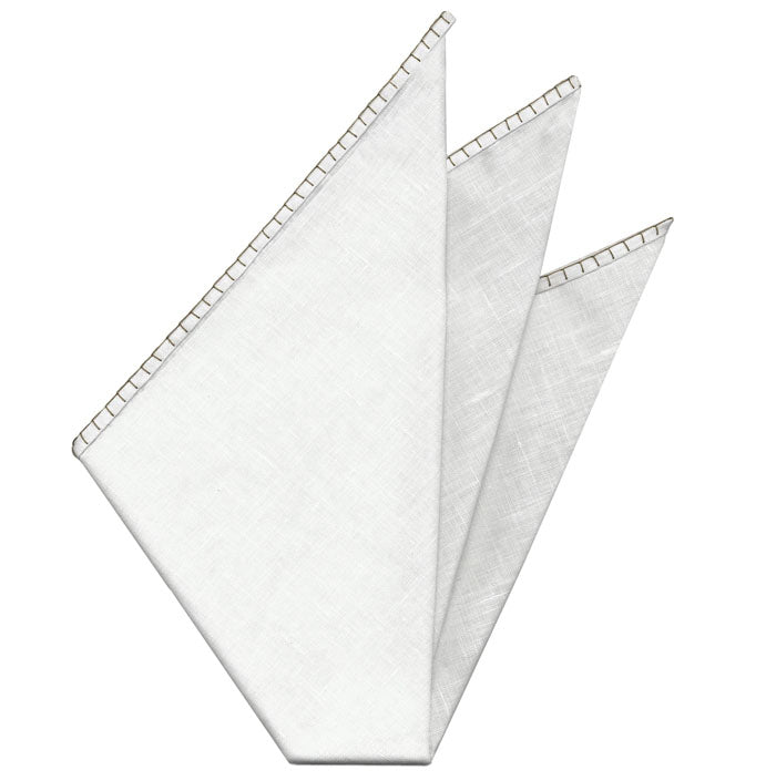 Belgian White Linen Pocket Squares with Brown/Silver Hand Sewn Decorative Flat Edges