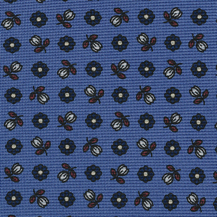 {[en]:Navy Blue, Burnt Orange & Off-White on Sky Blue Macclesfield Print Silk Tie