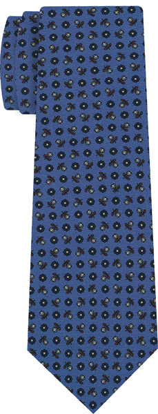 {[en]:Navy Blue, Burnt Orange & Off-White on Sky Blue Macclesfield Print Silk Tie