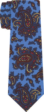 {[en]:Orange, Soft Gold, Dark Chocolate & Red on Sky Blue Macclesfield Print Silk Tie