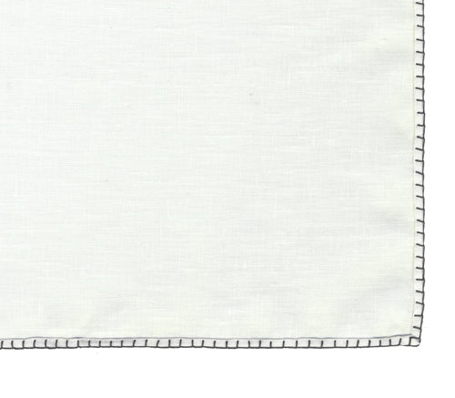 Belgian White Linen Pocket Squares with Charcoal Gray Hand Sewn Decorative Flat Edges