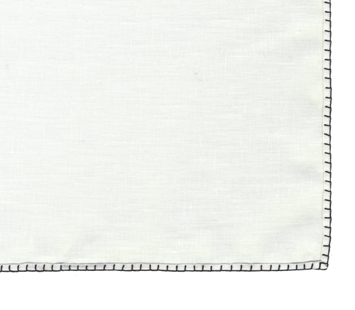 Belgian White Linen Pocket Squares with Black Hand Sewn Decorative Flat Edges