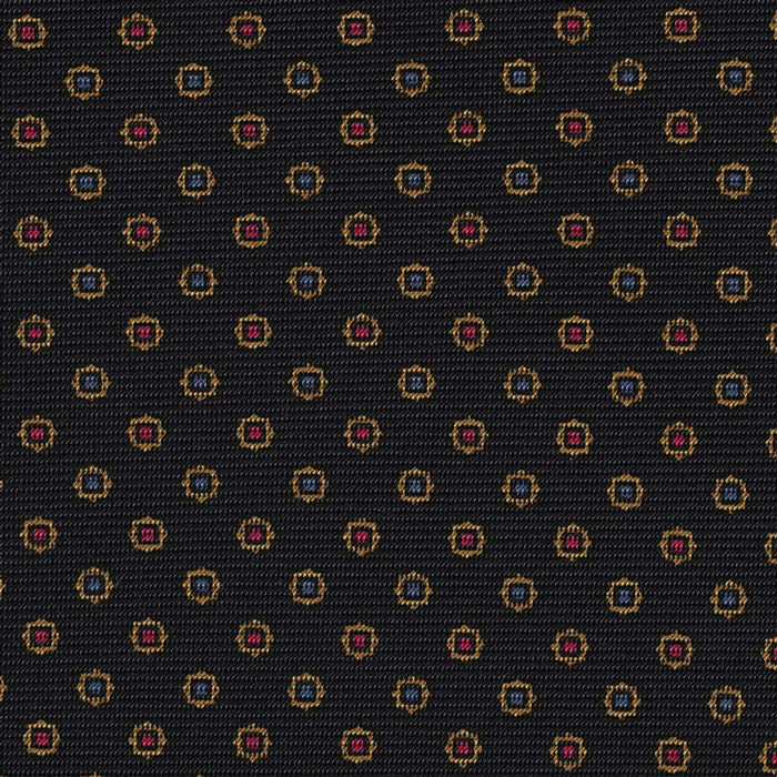 {[en]:Sky Blue, Gold & Red on Black Macclesfield Print Silk Pocket Square