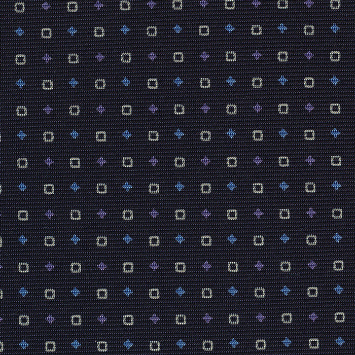 {[en]:Sky Blue, Off-White & Lavender on Midnight Blue Macclesfield Print Silk Tie