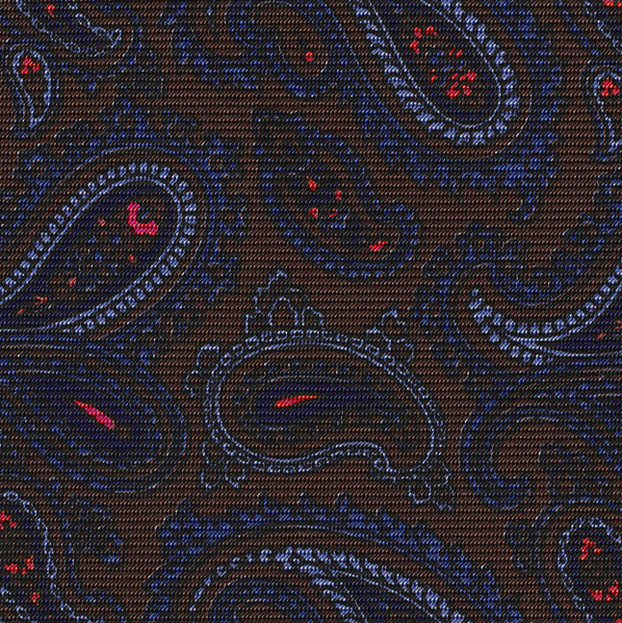 {[en]:Navy Blue, Fuchsia, Powder Blue, Sky Blue on Dark Chocolate Macclesfield Print Silk Tie