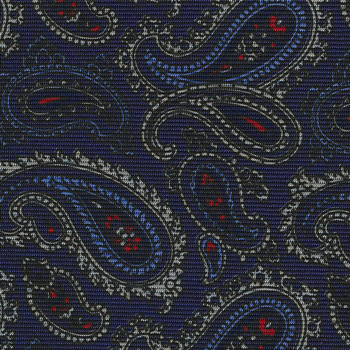 {[en]:Sky Blue, Off-White & Red on Dark Navy Blue Macclesfield Print Silk Pocket Square