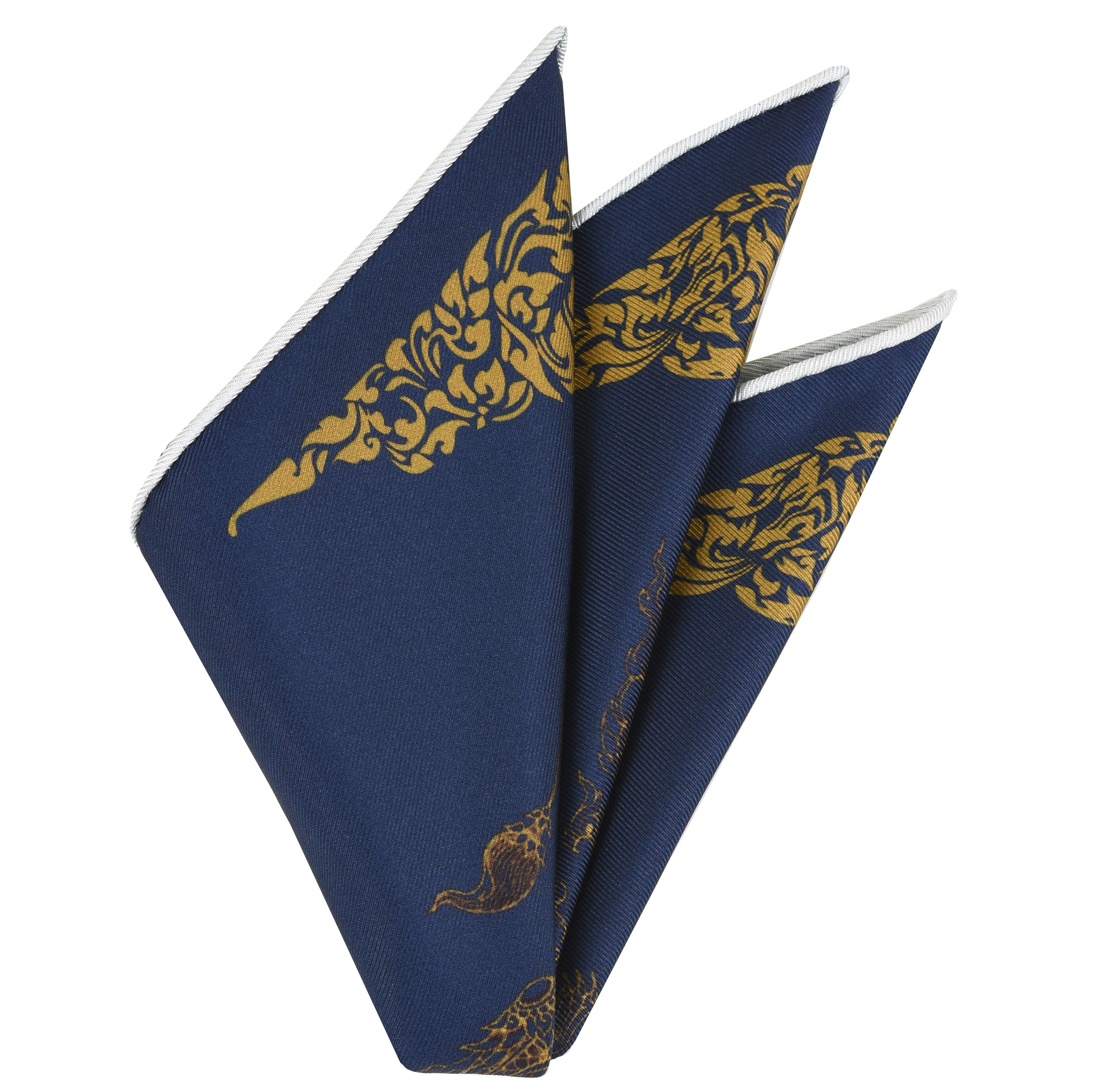 {[en]:Gold on Navy Traditional Thai Print Silk Pocket Square