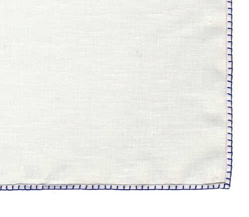 Belgian White Linen Pocket Squares with Blue Hand Sewn Decorative Flat Edges