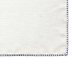 Belgian White Linen Pocket Squares with Blue Hand Sewn Decorative Flat Edges