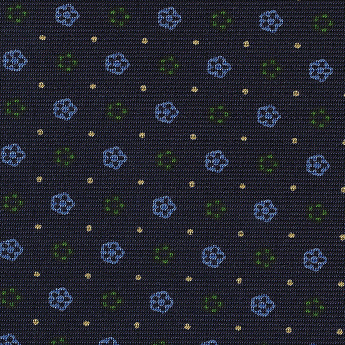 {[en]:Sky Blue, Off-White & Green on Midnight Blue Macclesfield Print Silk Pocket Square