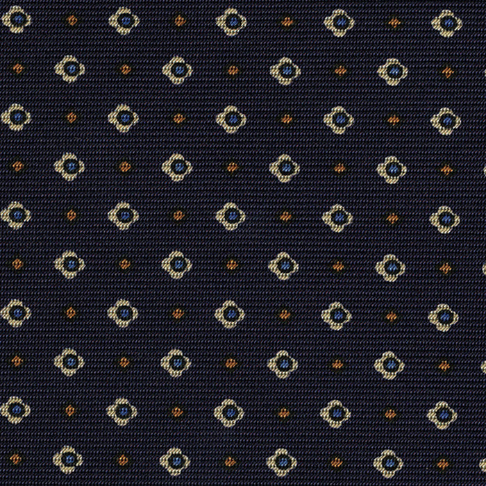 {[en]:Sky Blue, Off-White & Yellow Gold on Midnight Blue Macclesfield Print Silk Tie
