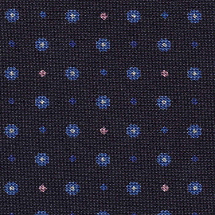 {[en]:Sky Blue, Blue, White & Soft Pink on Midnight Blue Macclesfield Print Silk Pocket Square