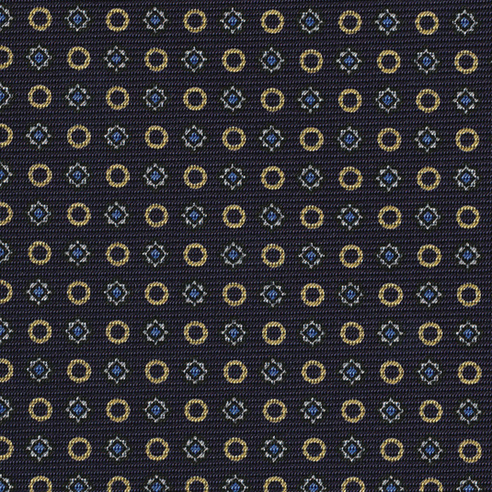 {[en]:Sky Blue, Off-White & Soft Gold on Midnight Blue Macclesfield Print Silk Pocket Square