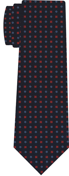 {[en]:Sky Blue & Red on Midnight Blue Macclesfield Print Silk Tie