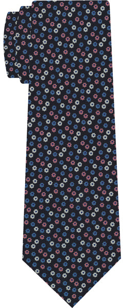 {[en]:Sky Blue, Blue, Pink & White on Midnight Blue Macclesfield Print Silk Tie