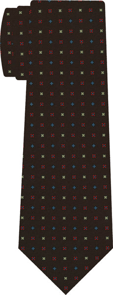 {[en]:Sky Blue, Red & Off-White on Chocolate Macclesfield Print Silk Tie