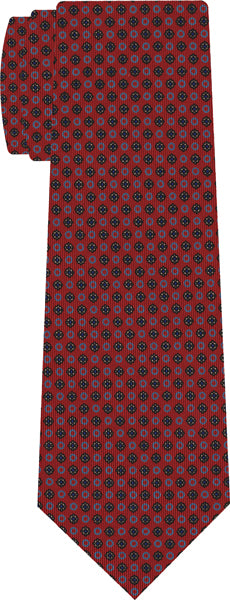 {[en]:Sky Blue, Blue & Off-White on Dark Red Macclesfield Print Silk Tie