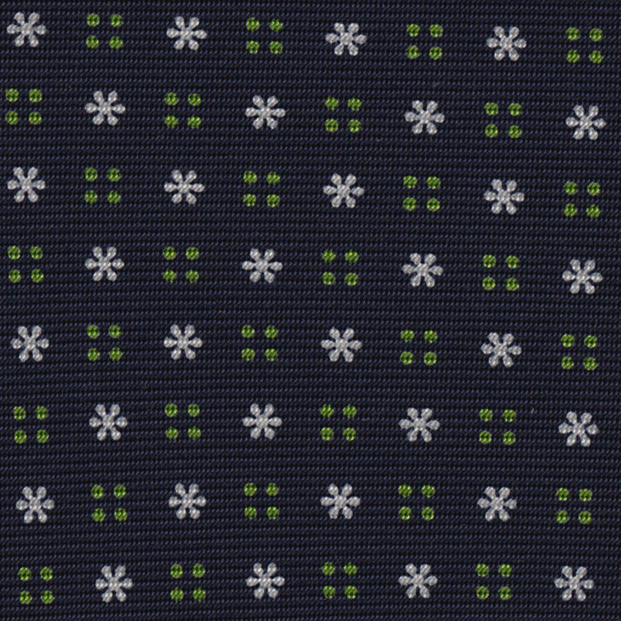 White & Green on Midnight Blue Macclesfield Print Pattern Silk