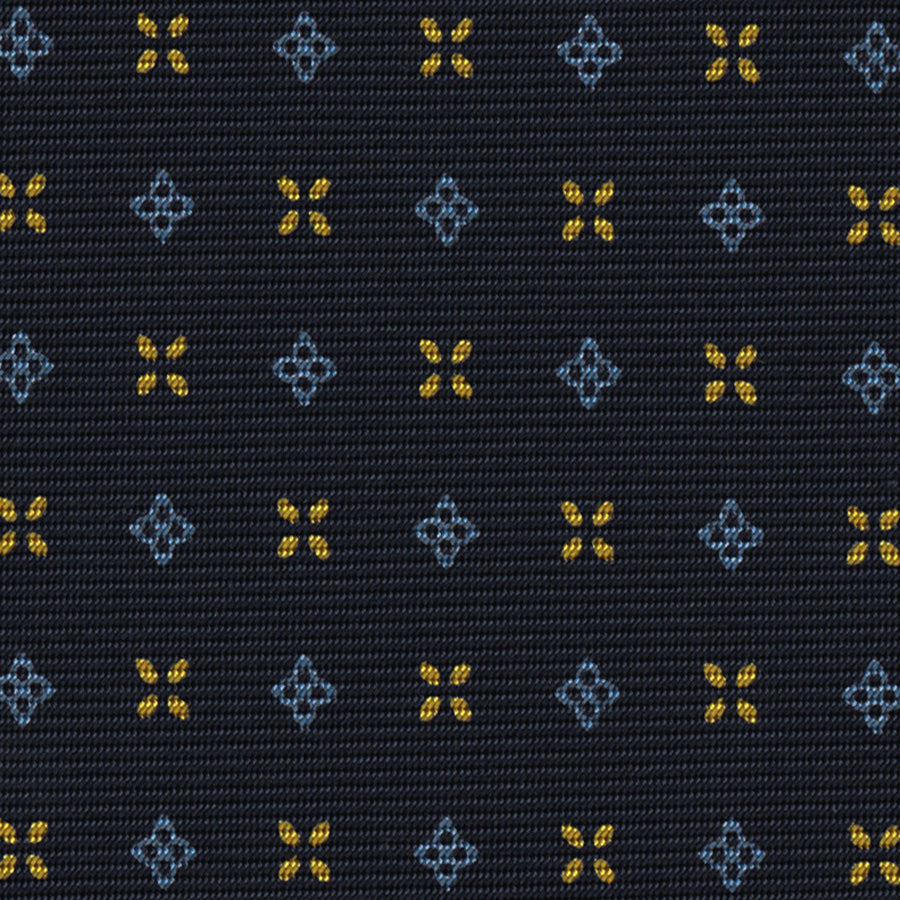 {[en]:Sky Blue & Yellow Gold on Midnight Blue Macclesfield Print Pattern Silk Tie