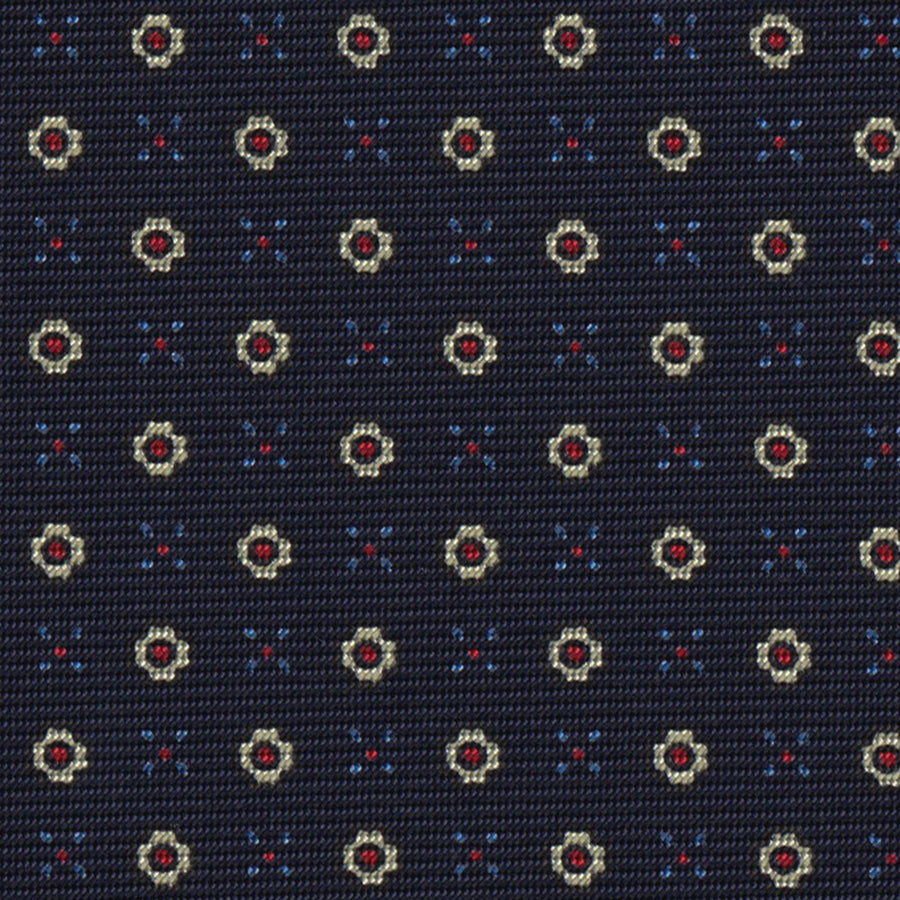 Sky Blue, Red & Off-White on Midnight Blue Macclesfield Print Pattern Silk