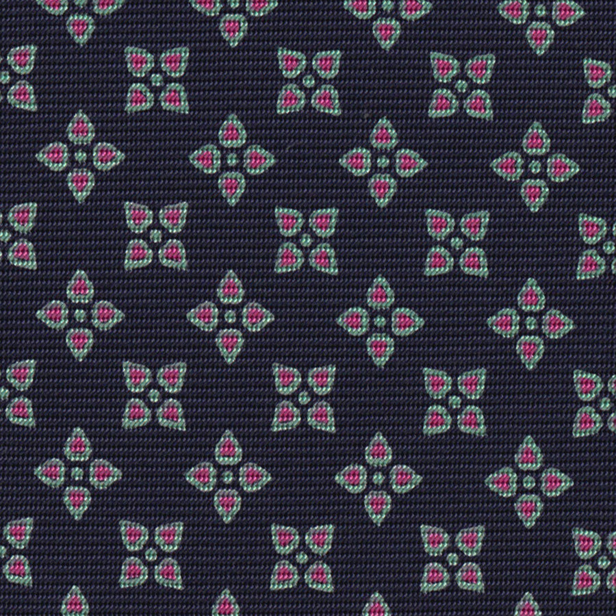 Pink & Light Green on Midnight Blue Macclesfield Print Pattern Silk Pocket Square #MCP-439