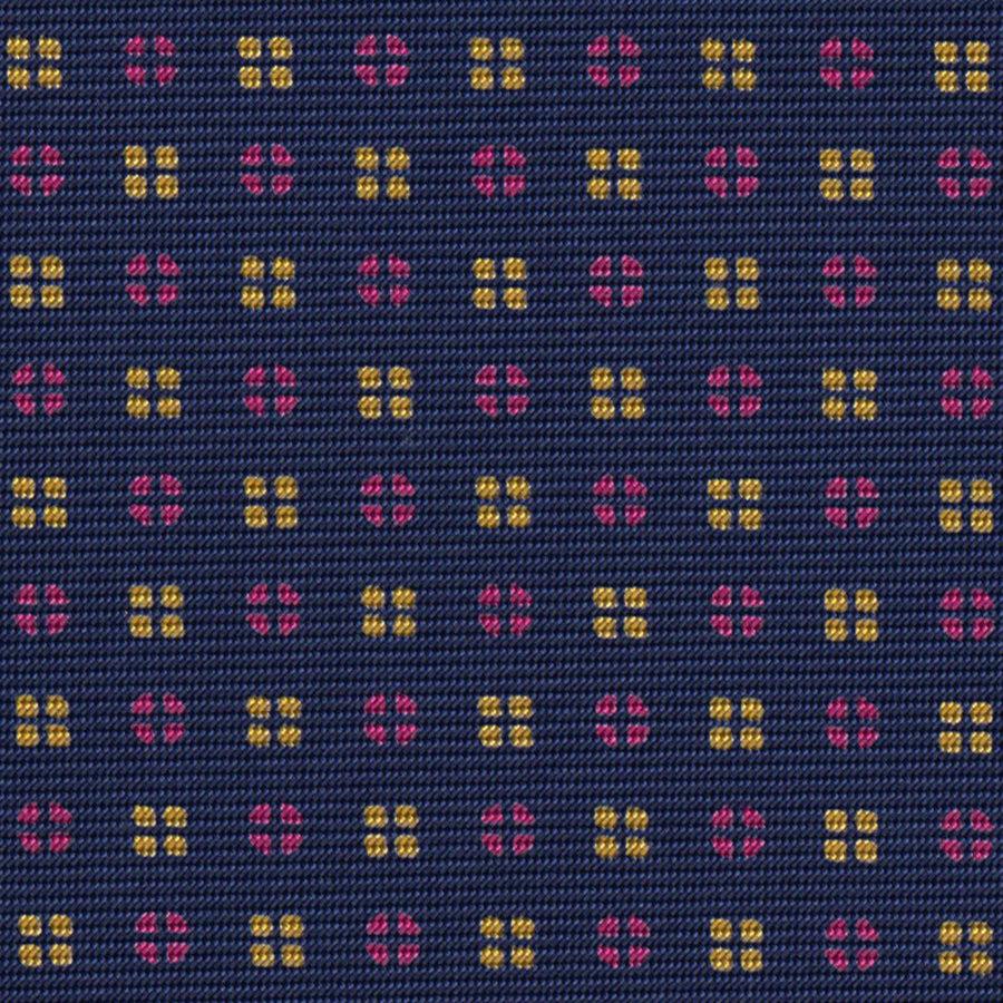 Yellow Gold & Pink on Dark Navy Blue Macclesfield Print Pattern Silk