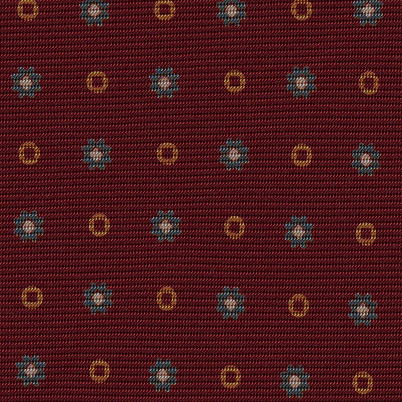 Gold, White & Slate Blue on Dark Red Macclesfield Print Pattern Silk