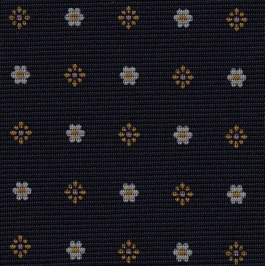 Yellow Gold & White on Midnight Blue Macclesfield Print Pattern Silk