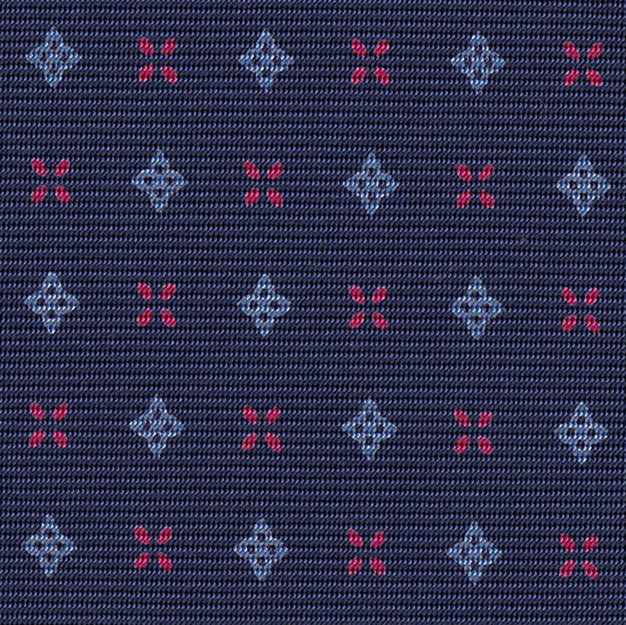 {[en]:Powder Blue & Fuchsia on Navy Blue Macclesfield Print Pattern Silk Tie