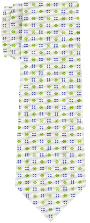 {[en]:Lime Green & Purple Blue on White Macclesfield Print Pattern Silk Tie