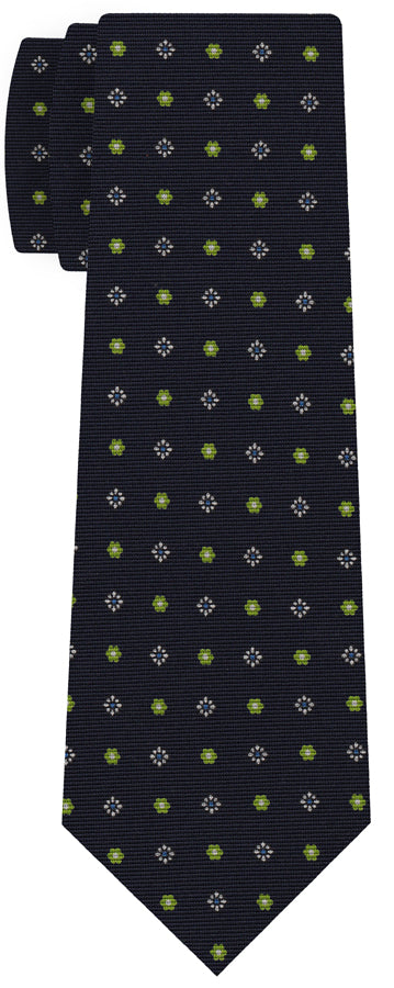 {[en]:Sky Blue, White & Lime Green onMidnight Blue Macclesfield Print Pattern Silk Tie