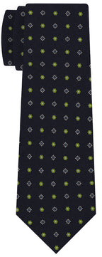 {[en]:Sky Blue, White & Lime Green onMidnight Blue Macclesfield Print Pattern Silk Tie